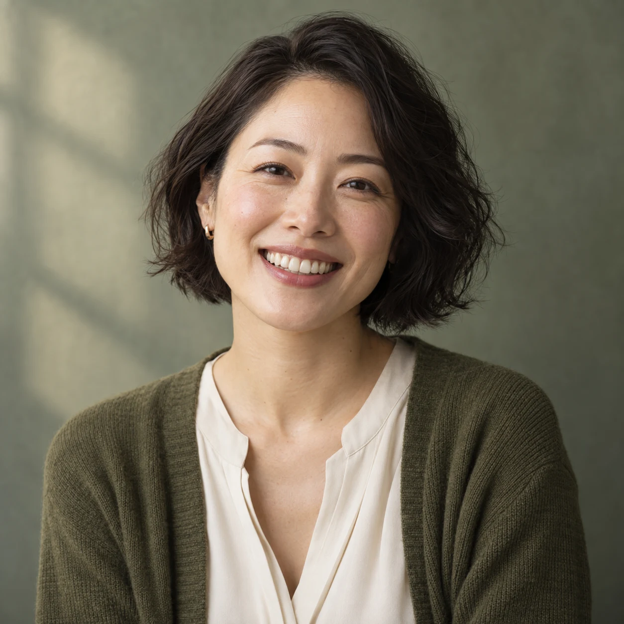 AI-generated illustration of a fictional adult smiling