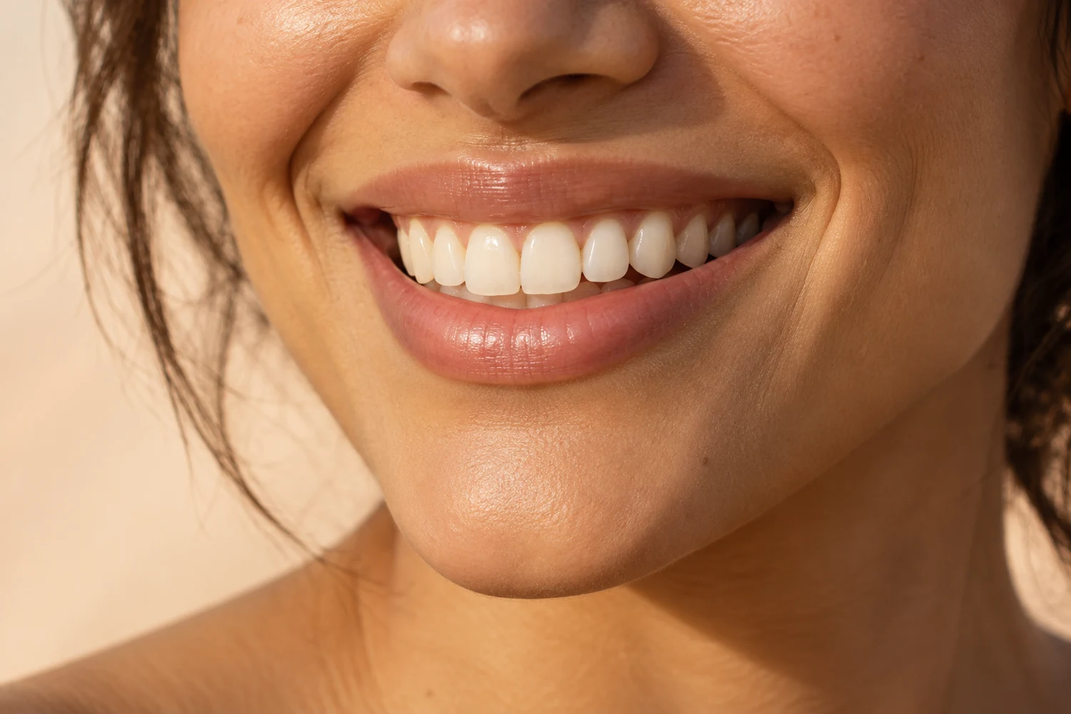 AI-generated macro photograph of a fictional adult smiling